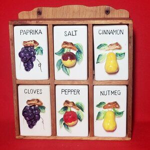 Vintage Wood Spice Rack Ceramic 3 D Fruit Spice Shakers